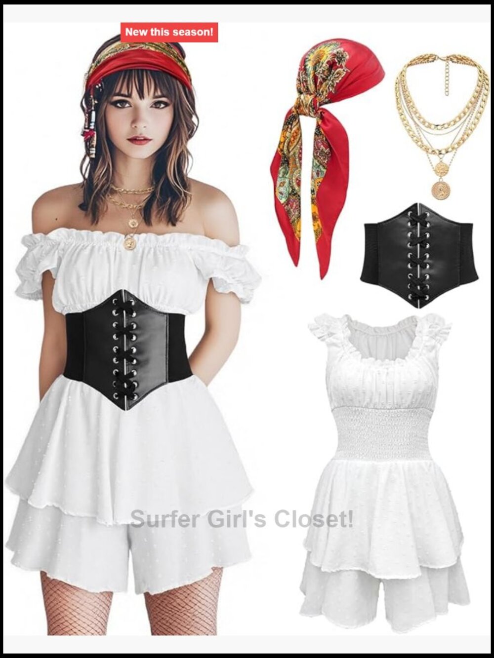 Women's Pirate Costume Dress Set 4PCS with Corset & Headscarf Halloween Cosplay